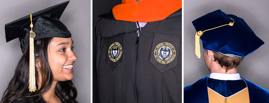 A closeup of a graduate cap, master's robe, and doctoral cap