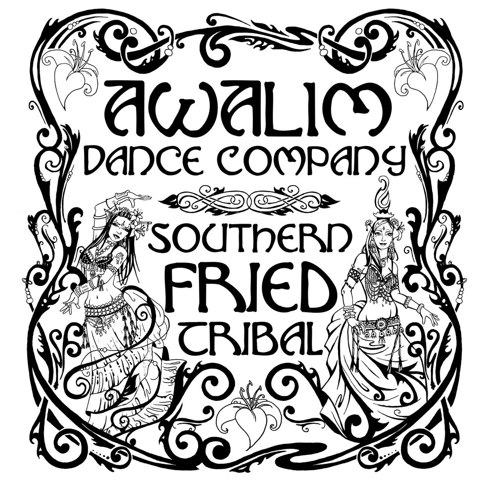 art nouveau ornamental frame surrounding bellydancers and text reading awalim dance company - southern fried tribal