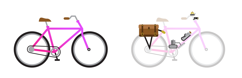 illustration of a bicycle and a bicycle with accessories such as a water bottle and bell