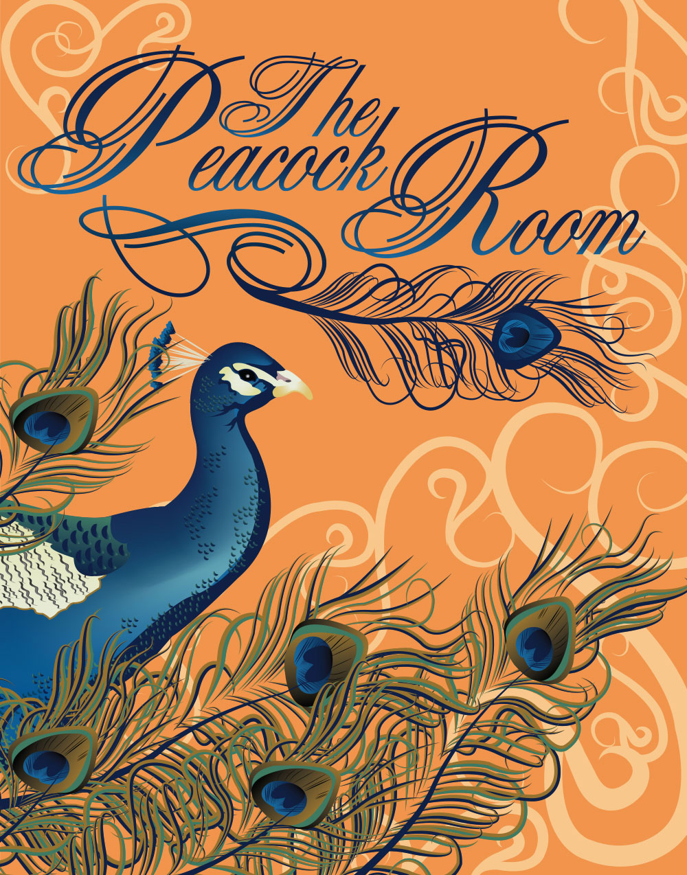 illustration of a peacock and text the peacock room