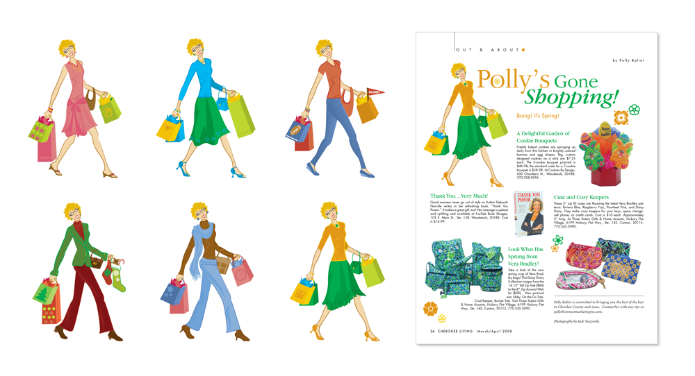 illustration of a woman in different fashionable clothing carrying shopping bags, with an editorial example where she is used alongside an article