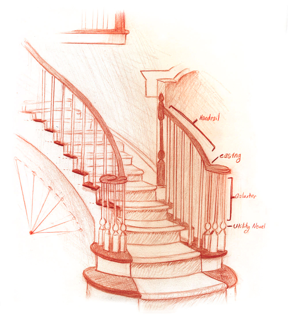 illustration of a fancy curving stairwell with labels for craftsmanship features