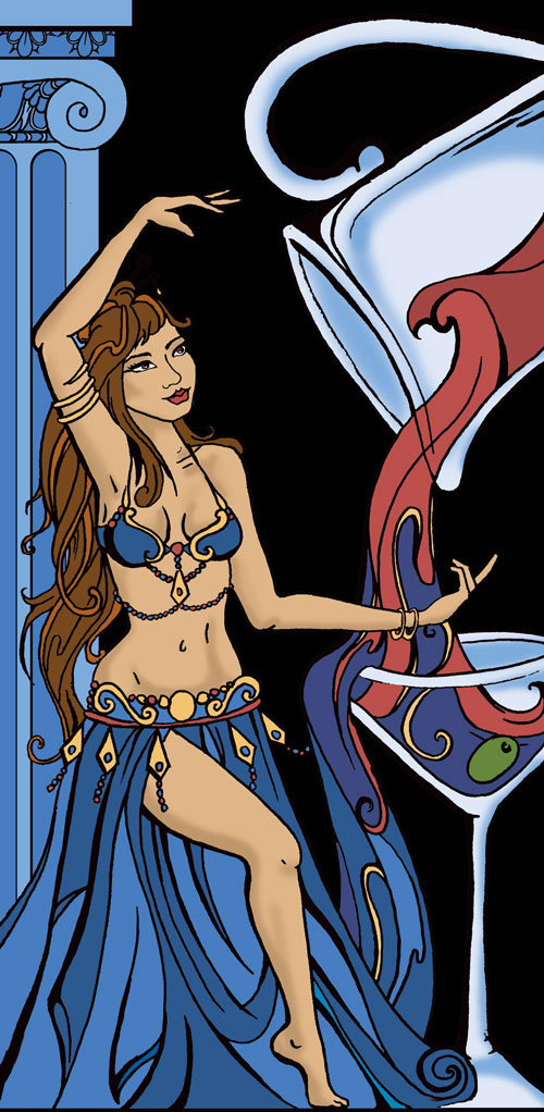 illustration of a bellydancer and a fruity drink being poured into a giant martini glass