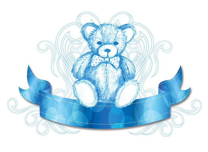 illustration of a blue teddy bear with ornamental swirls and a ribbon for labeling