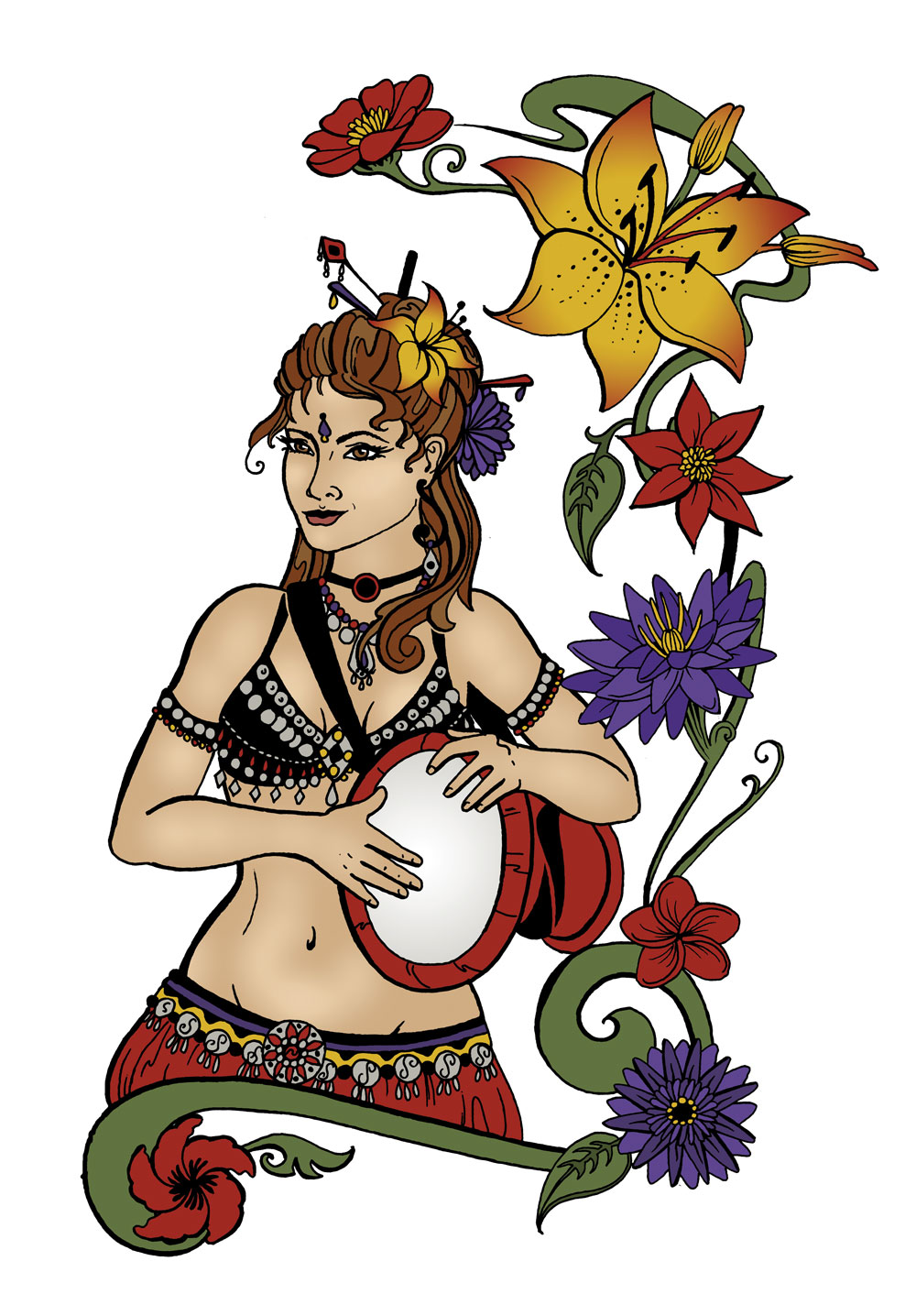 illustration of a bellydancer holding a drum with decorative flower motif