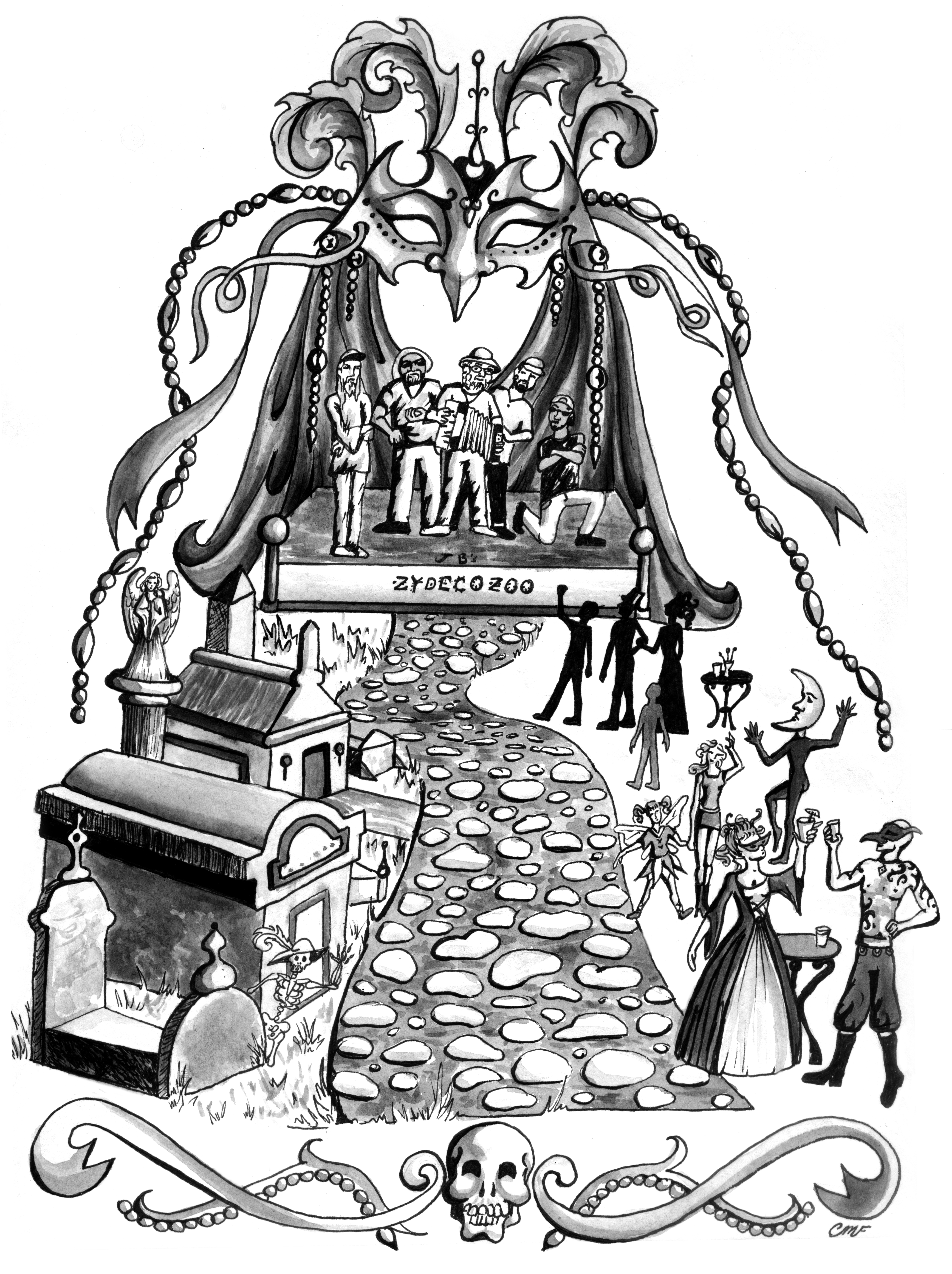 illustration of a path through a cemetery leading to a stage where a band performs