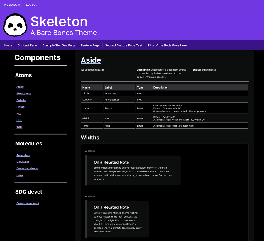screenshot of Skeleton theme component library