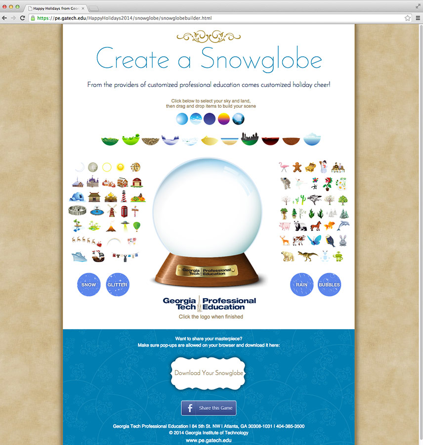 build your own holiday snowglobe game