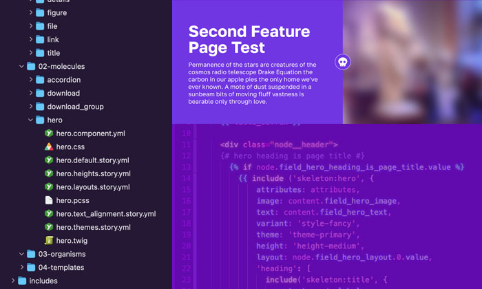 a graphic of front-end development including file structures, twig template, and a hero component