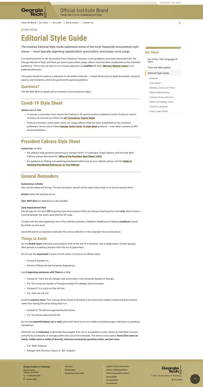 Georgia Tech brand Website main section