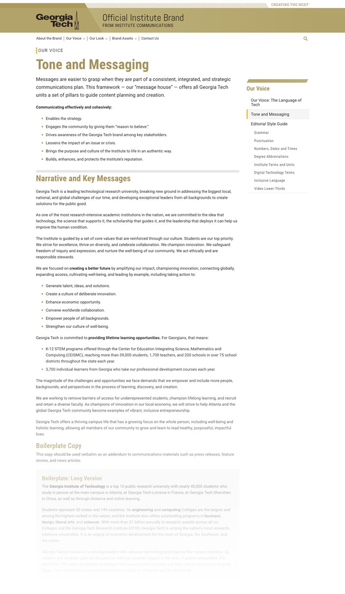 Georgia Tech brand Website main section