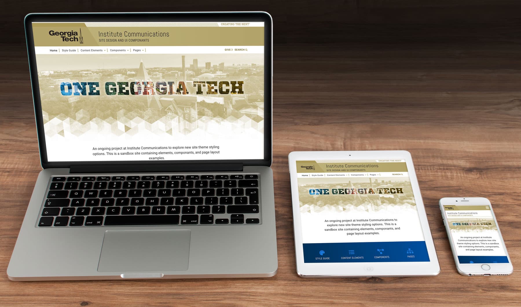 example of the Georgia Tech web design system on a computer screen, tablet and phone