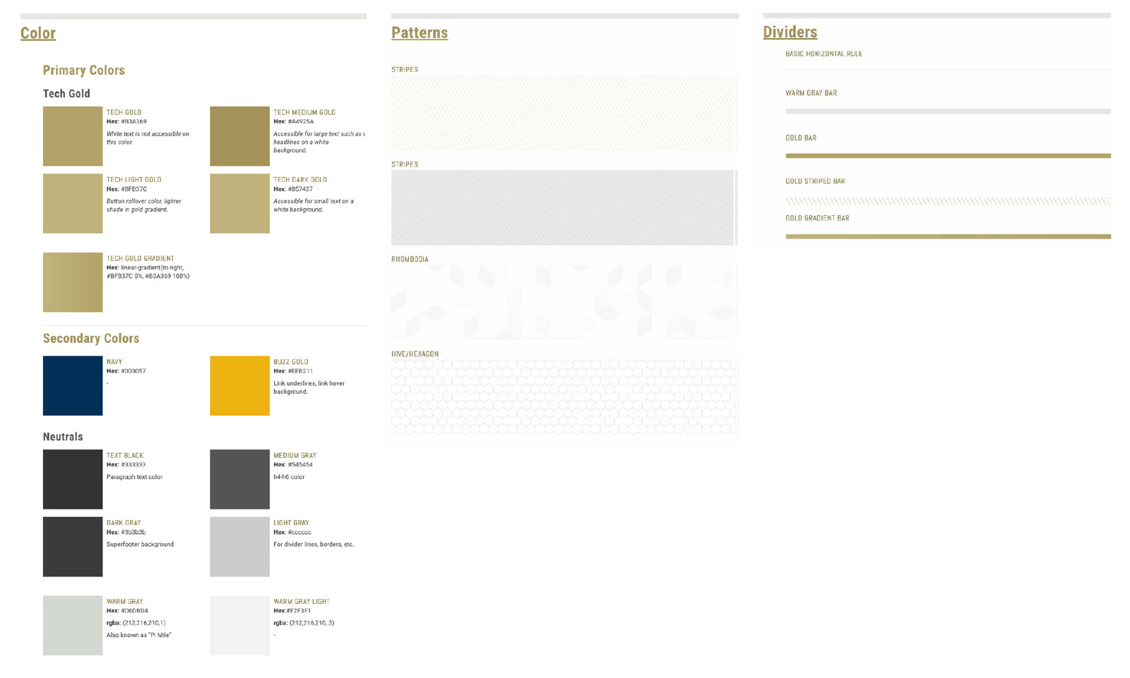Georgia Tech Web Design System colors and patterns