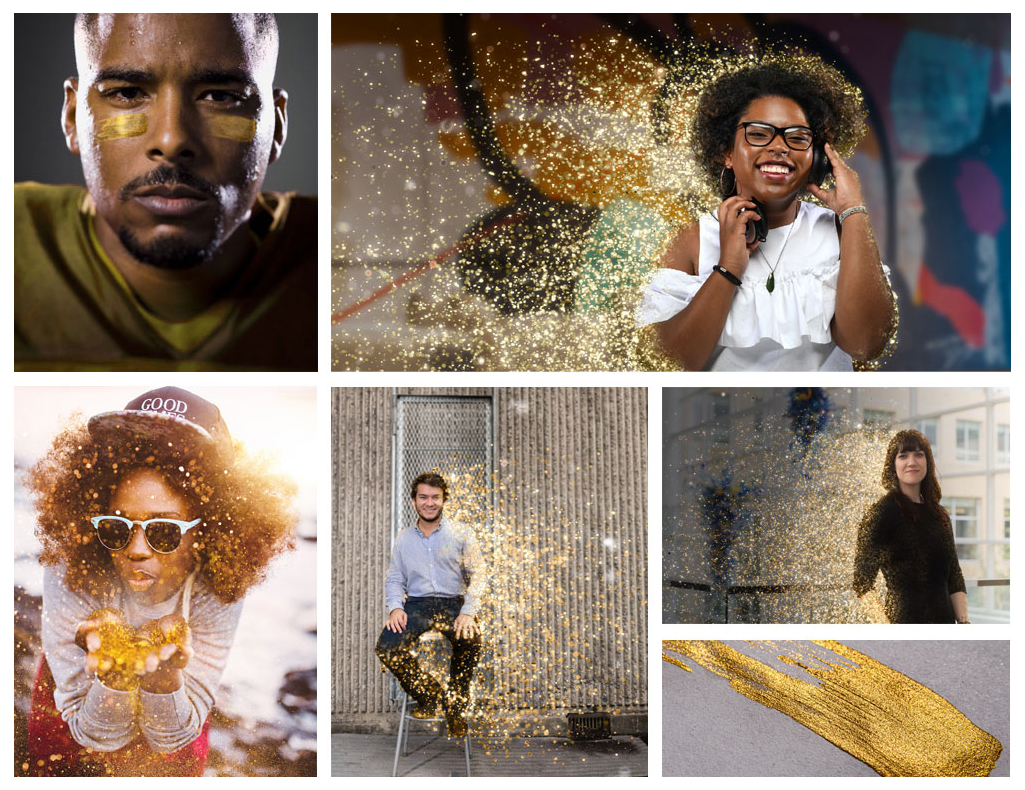 images of college students dispersing into gold glitter, blowing glitter, and with gold metallic face paint