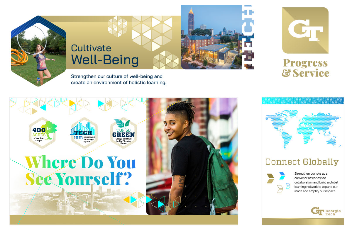 design samples with gold, blue, and smiling students