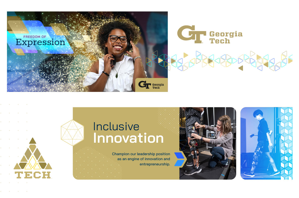 design samples with a glittering young woman, logos, and an accessibility technology for walking