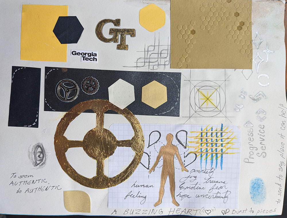 sketchbook collage with hexagons, hive patterns, metalic gold gear shapes, a gold human with wings, abstract doodles