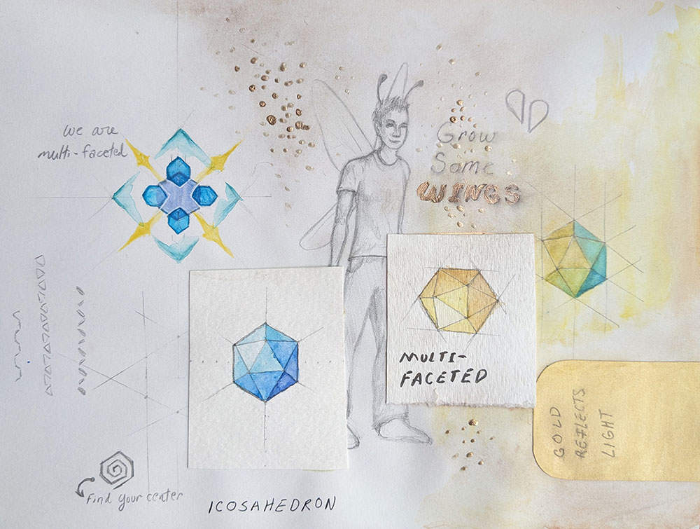sketchbook collage with a drawing of a young man with antennae and wings, icosahedron shapes in blue and ywllow, abstract angular shapes resembling a kaliedescope