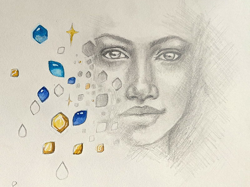sketchbook drawing of a face with blue and yellow abstract shapes