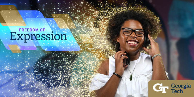a woman listening to headphones and becoming glitter with filler demo copy text