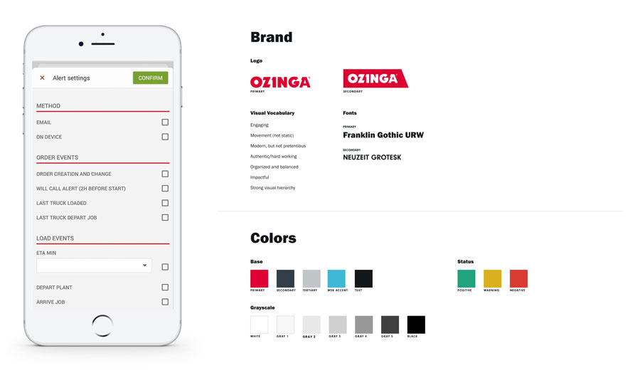 MyOzinga mobile app shown on a phone and the Ozinga brand sheet