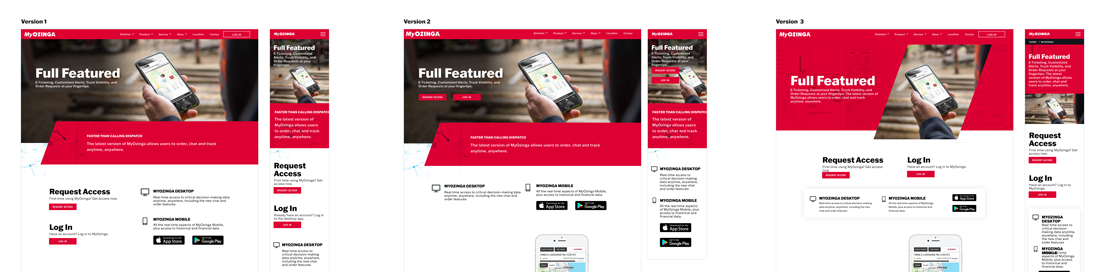 MyOzinga landing page versions