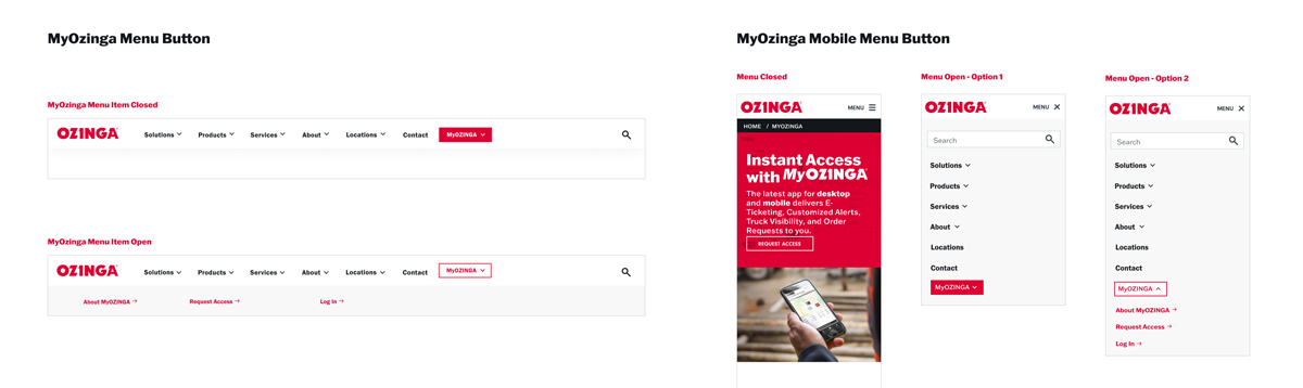 MyOzinga desktop and mobile menu