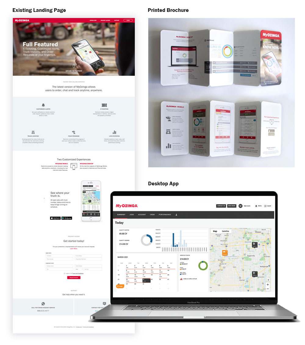 MyOzinga old landing page, brochure, and branding