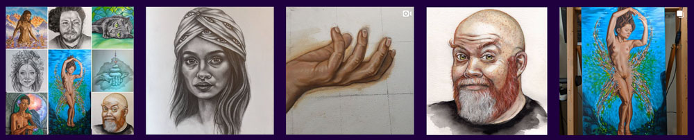 filmstrip of art from instagram posts: a montage of art, a graphite portrait, a painting of a hand, a watercolor portrait, a nude oil painting